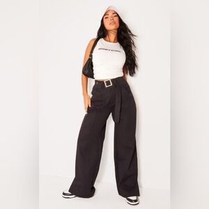 Black Wide-Leg Belted Pants